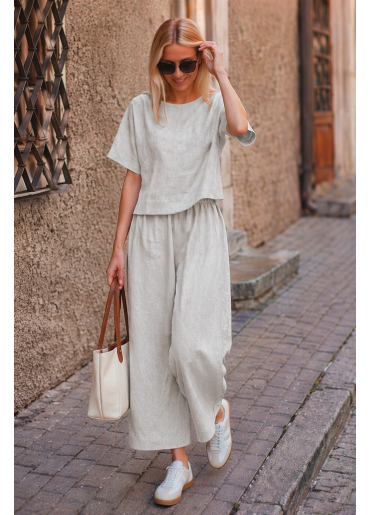 Açık Gri Keten Beli Lastikli Arkası Düğmeli Kadın İkili Takım