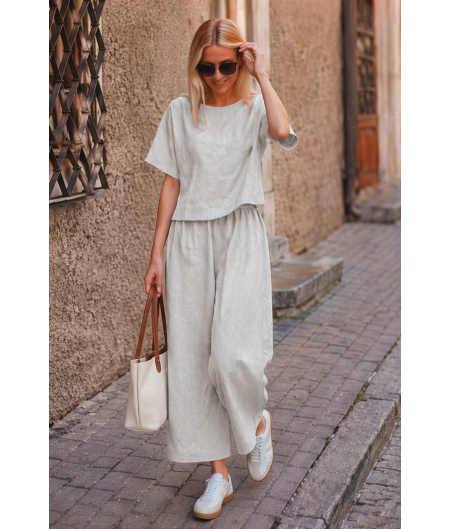 Açık Gri Keten Beli Lastikli Arkası Düğmeli Kadın İkili Takım Açık Gri Keten Beli Lastikli Arkası Düğmeli Kadın İkili Takım