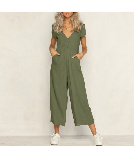 Keten Günlük Yazlık V Yaka Kısa Paça Tasarım Kadın Tulum